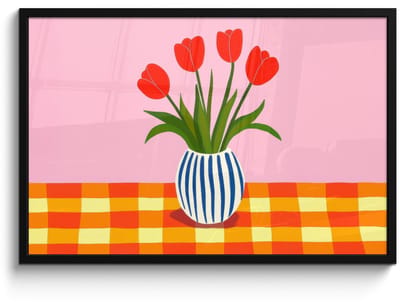 Poster in lijst - Fotolijst 90x60 cm - Posters - Tulpen - Roze - Vaas - Posterlijst zwart - Decoratie - Wanddecoratie woonkamer - Muurdecoratie slaapkamer