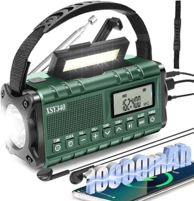 Draagbare Noodradio met Handcrank en Zonne-energie - AM/FM/WB NOAA Weeralarm, Oplaadbare 10000mAh Batterij, LCD Klok, LED Zaklamp & Leeslamp, SOS Survival Radio