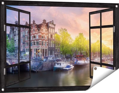 Gards Tuinposter Doorkijk Amsterdamse Grachten - 90x60 cm - Tuindoek - Tuindecoratie - Wanddecoratie buiten - Tuinschilderij