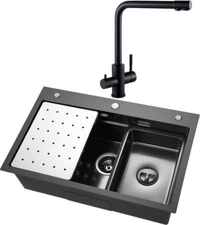 CECIPA Max Spoelbak Antraciet 70x45CM - Spoelbak Keuken Met 3 Wege Keukenkraan - Multifunctionele Spoelbak - Spoelbak Met Afdruiprek - Spoelbakken Keuken - Wasbak Keuken - RVS