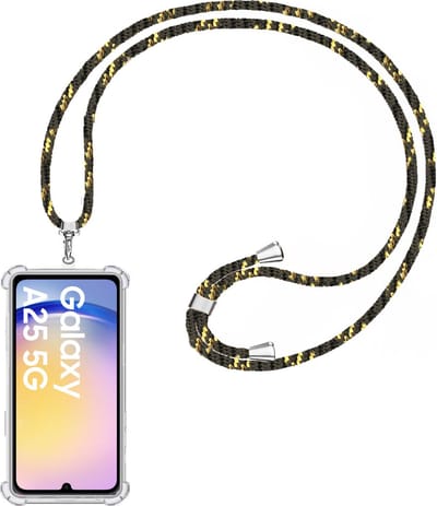 Telefoonkoord + Hoesje Geschikt voor Samsung Galaxy A25 - Lengte Verstelbaar - Telefoonketting - Shock Proof Case - Zwart Goud
