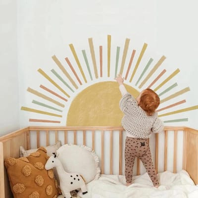 Ultiluxe® Muursticker zon - Geel/beige - 108 x 58 cm - Wanddecoratie voor kinderen en baby's - Kinderkamer, babykamer - Wandsticker - Verwijderbaar - Muur decoratie - Meisje en jongen - Zelfklevende stickers
