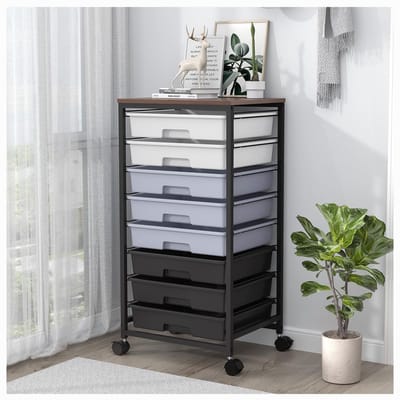 Dailygoods- Rolwagen met 8 Laden - Badrollwagen - Ladewagen - Rolcontainer - Knutselwagen - Houten Tafelblad - Duurzaam Materiaal - Opbergwagen