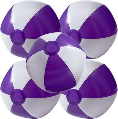 Opblaasbare speelgoed zwembad strandbal - 5x - paars/wit - D26 cm - Strandballen - Strand speelgoed