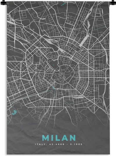 Wandkleed - Wanddoek - Milaan - Blauw - Kaart - Stadskaart - Plattegrond - 120x180 cm - Wandtapijt