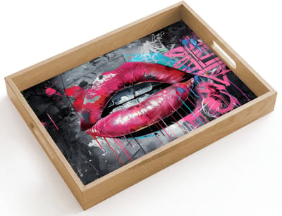 Dienblad hout 40x30 cm - Schootdienblad - Lippen - Felroze - Graffiti - Verfstrepen - Borrelplank rechthoek - Plateau dienbladen