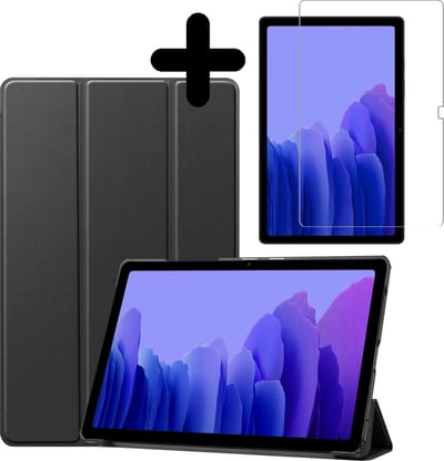 Hoesje - Geschikt voor Samsung Galaxy Tab A7 (2020) - Met Screenprotector - Hardcover Book Case - Trifold Bookcase Hoes - Hard Cover - Tablethoes - Zwart