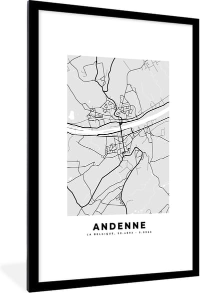 Fotolijst incl. Poster Zwart Wit- Zwart Wit – België – Plattegrond – Stadskaart – Kaart – Andenne - 80x120 cm - Posterlijst