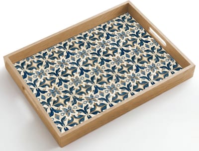 Dienblad hout 50x35 cm - Schootdienblad - Tegel - Patroon - Blauw - Beige - Borrelplank rechthoek - Plateau dienbladen