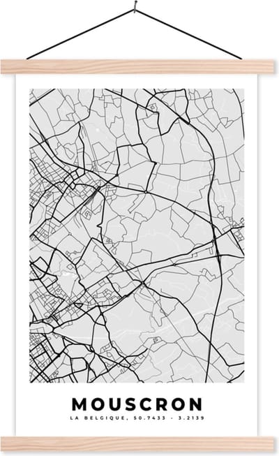 Posterhanger incl. Poster 40x60 cm - Schoolplaat - Stadskaart – Zwart Wit - Kaart – Mouscron – België – Plattegrond - Textielposter - Blanke latten - Stadskaart