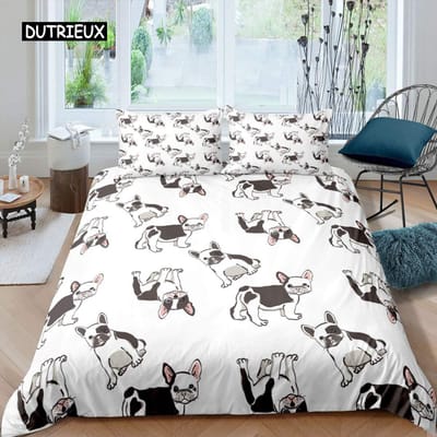 3D Honden Beddengoed Set Schattige Franse Bulldog Puppy Dekbedovertrek Sets Cartoon Bedovertrek Huisdieren Huis Textiel Queen 2/3 Stuks King Full 150x200cm 3pcs