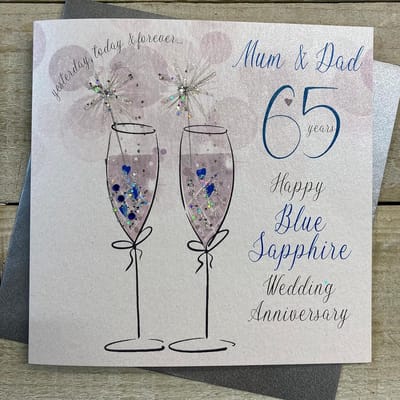 Witte Katoenen Verjaardagskaart voor Ouders - Handgemaakt - 65e Blauwe Sapphire