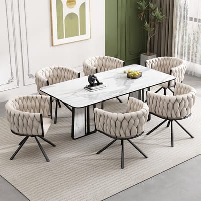 Intebiki Fluwelen eetkamerstoel - set van 6 - enkele lichte luxe draaistoel voor woonkamer of slaapkamer - vrijetijdsstoel met vier metalen steunpoten - beige