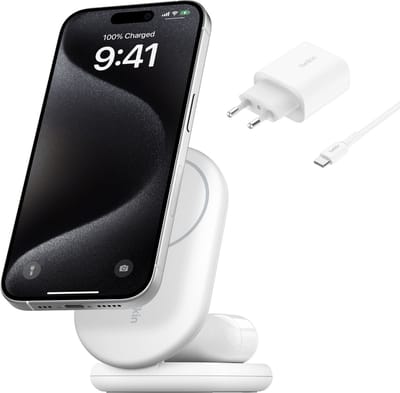 Belkin 2-in-1 Inklapbare Draadloze Lader Qi2 15W - Magsafe Compatibel - Wit
