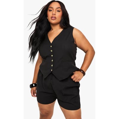 boohoo Dames Plus Linnen Look Gilet en Shorts Set | Zwart | Maat: 44