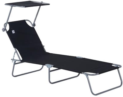 Miryx Strandbed - Tuinligstoel - Ligstoel - Zonnebed - Opvouwbaar - Met Zonnescherm - 187x58x36 - Weerbestendig - Verstelbaar - Zwart