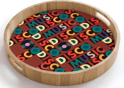 Dienblad rond 40x40 cm - Schootdienblad hout - Bruin - Retro - Disco - Patroon - Borrelplank rechthoek - Plateau houten dienbladen