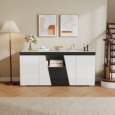 Wishdor Dressoir Voor Woonkamer - 3 Kasten En 4 Deuren - Hoogglans Front - Led-Lichtstrip Met App - Spaanplaat - Wit Zwart - 140 X 40 X 65 Cm