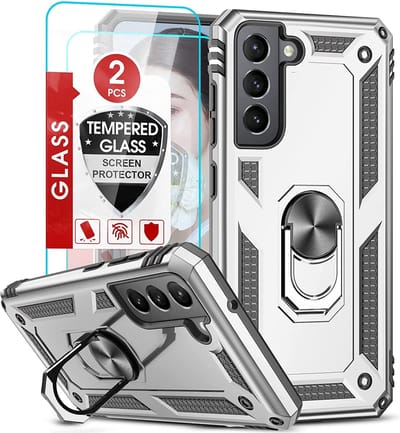 Hoesje Geschikt Voor Samsung Galaxy S21 FE Hoesje armor Met ring houder Zilver - Hoesje Geschikt Voor Samsung Galaxy S21 FE hoes met Kickstand TPU backcover hoesje - Galaxy s21 FE screenprotector 2 pack