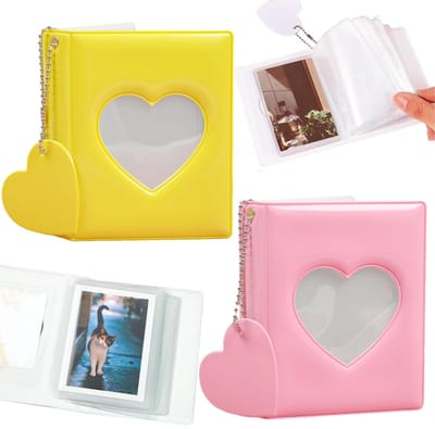 Dailygoods - 2 stuks mini-fotoalbum voor foto 7,2 cm fotokaartenbinder tassen voor fotokaarten in hartvorm voor het bewaren van foto's, identiteitskaarten, kaarten (roze, geel)