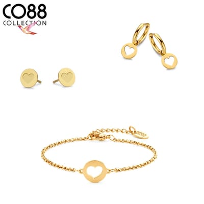 CO88 Collection 8CO-SET104 Stalen Sieraden Set - Dames - Armband - 16,5 + 3 cm - 2 Oorbellen - Hartjes - Staal - Goudkleurig
