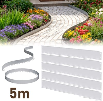 Grasrand en Borderranden in Zilver - Sterke Metalen Tuinrand Set van 5 Stuks (100cm x 5cm) - 5m Gazonrand met 60 Grondspikes