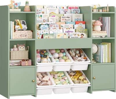 Jently opbergkast - speelgoedkast - speelgoedorganizer - 6 uitneembare dozen - 4 laags boekenplank - 119x29,5x94 cm - groen