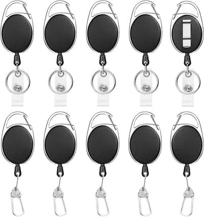 Allecto Plus - Set van 10 Zwarte Lanyard-Verlengers | Sleutelhanger Badge Kaarthouders | Intrekbare Sleutelhanger met Karabijnhaak | Riemclip