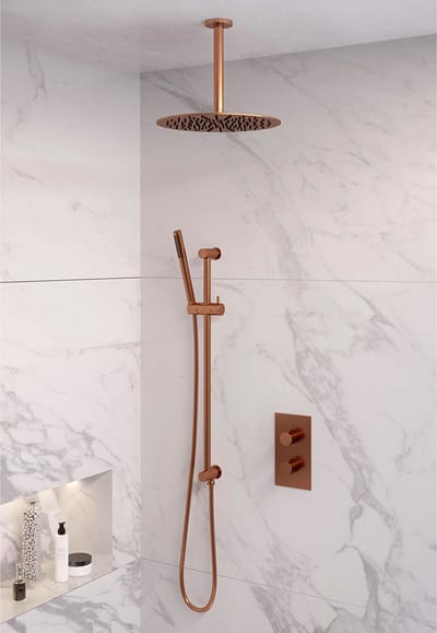 Brauer Copper Edition thermostatische inbouw regendouche 3-weg omstelling SET 42 met 30 cm douchekop en plafondarm en staaf handdouche en doucheslang en geïntegreerde glijstang koper geborsteld PVD