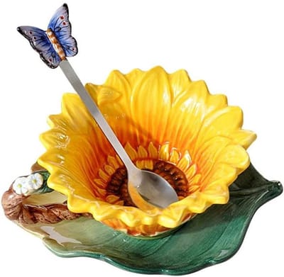 Keramische koffiewapenset met zonnebloemmotief - handgemaakt met schotel en lepel