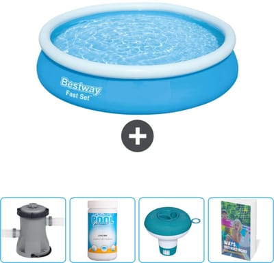 Bestway Rond Opblaasbaar Fast Set Zwembad - 366 x 76 cm - Blauw - Inclusief Pomp - Chloor - Chloordrijver - Zwembadgids