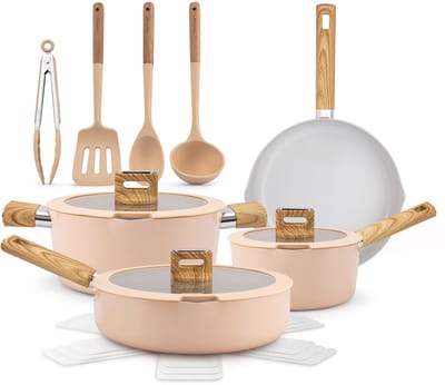 NutriChef 14-delige pannenset Inductie - Keramische kookpannen - glazen deksels - vaatwasmachinebestendig - Roze