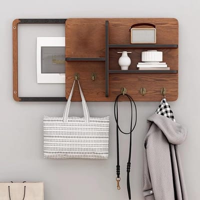 Zekeringkast Afdekking - Meterkast Bekleding Hout - Wanddecoratie Verbergen - Met Plank en Haken - 40x30 cm - Houtkleur