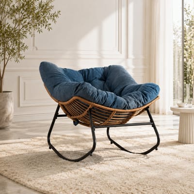 Schommelstoel - Ergonomische Papasan stoel - Relaxstoel - Chenille stof - Fauteuil - Loungestoel - Rotan Relaxstoel - Blauw