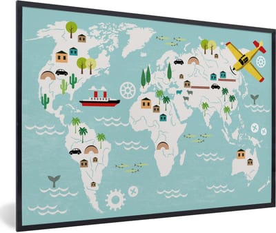 Poster in fotolijst kinderen - Muurdecoratie kinderkamer - Wereldkaart - Kinderen - Vliegtuig - Boot - Jongens - Meisjes - Kinderposter - 120x80 cm - Poster kinderkamer