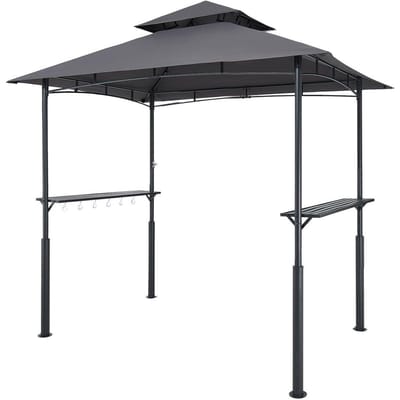 Grill Gazebo, 2,43 x 1,5 m Versterkte Buiten BBQ Gazebo met Dubbel Verdiept Dak, Poedercoating Stalen Terras Grill Overkapping met 2 Zijplanken & 8