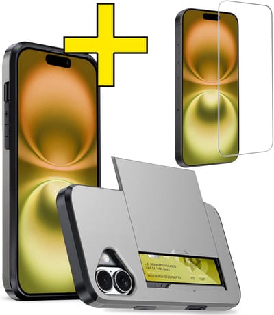 Hoesje Geschikt voor iPhone 16 Hoesje Case Pashouder Hard Cover Met Screenprotector - Hoes Geschikt voor iPhone 16 Hoesje Met Kaarthouder - Grijs