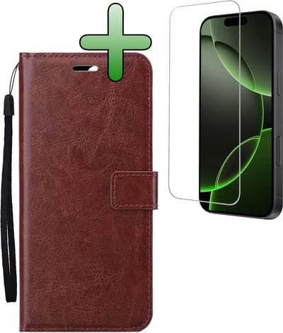Hoesje Met Screenprotector - Geschikt voor Apple iPhone 16 Pro - Luxe Pasjeshouder - Bookcase Portemonee - Flip Case - Kunstleer Book Case - Flipcase - Book Cover - Walletcase - Portemonneehoes - Bruin