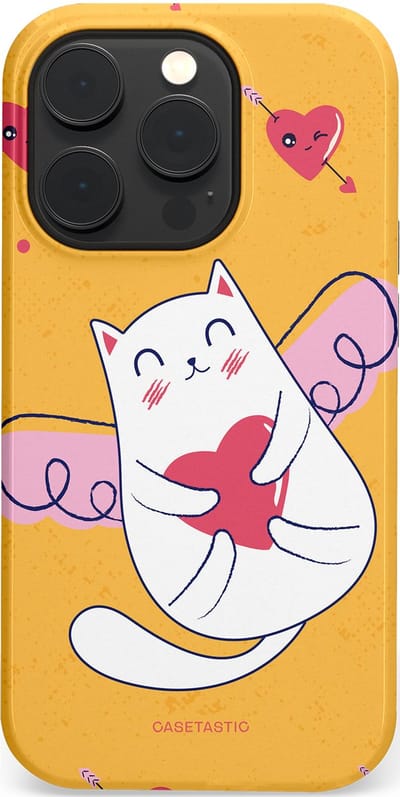 Casetastic Hoesje Geschikt voor Apple iPhone 14 Pro Magsafe - Stijlvolle Beschermende Duo-layer Case - Kattenflirt Geel Rode Hartjes Liefde