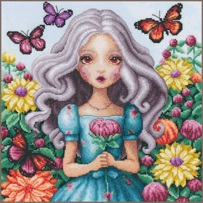 Lanarte Borduurpakket - Borduurset - Borduurpakket volwassenen - Telpakket kit - 29 x 29cm - Meisje met dahlia's en vlinders - PN-0206839