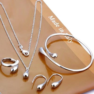 Fler® | Volledige Dames Sieraden Set | Waterdruppel stijl | Verstelbaar | Halsketting met hanger | Armband | Ring | Oorbellen | Valentijnsdag kado | Zilverkleurig
