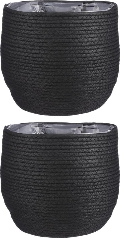 Mica Decorations Bloempot - 2x stuks - rotan - zwart - jute - 26 x 24 cm - Met plastic binnenkant