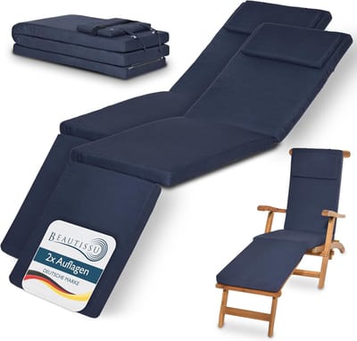 Beautissu 2x Set LoftLux DC tuinkussen voor deckchair 175 x 45 x 5 cm – ligbedkussen donker blauw - tuinkussens hoge rug - kussen ligstoel