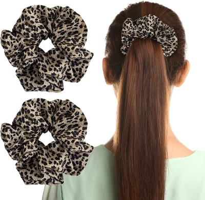 Set van 2 Elastische Scrunchies, Zachte Haaraccessoires voor Vrouwen en Meisjes, Grote Haarbanden Zonder Beschadiging (Licht Luipaardprint)