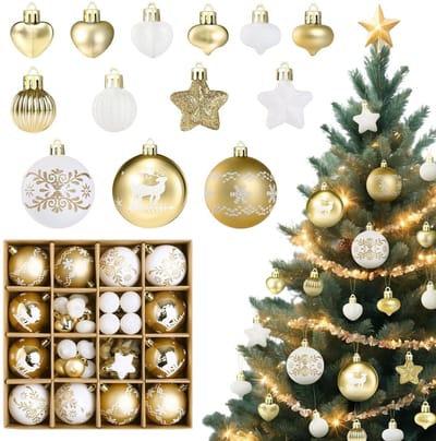 Dailygoods- Kerstballen set van 52 stuks - Kunststof - Wit - Kerstdecoratie - Waterdicht - 8 motieven met glitter - Opbergdoos inbegrepen