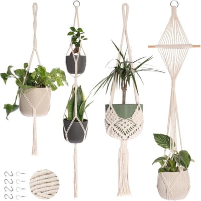 Set van 4 macramé plantenhangers - stijlvolle hangende plantenbakken voor kamerplanten, bohemian decoratie met 8 plafondhaken (crème)