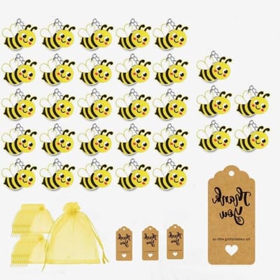 30 stuks mini-sleutelhangers met kraftpapieren hanger en gele organzazak - Bijensleutelhangers dieren-sleutelhanger - Diergeschenken