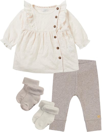 Noppies - kledingset - 4 delig - Jurk Noble Pristine - Legging Shiloh taupe - 2 paar sokjes - Maat 80