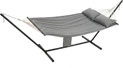 Stervia Hangmat - Hangmat Met Standaard - 2 Persoons Hangmat - Met Zijtas - Tot 300 Kg Belastbaarheid - Zwart/Grijs - 210 x 150 cm