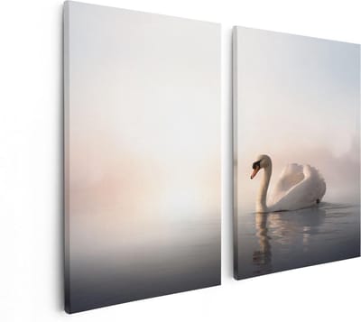 Artaza Canvas Schilderij Tweeluik Zwaan in het Water tijdens de Mist - 80x60 - Foto Op Canvas - Canvas Print